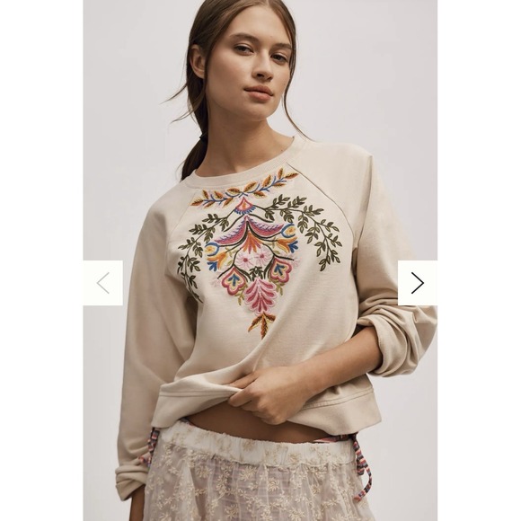 By Anthropologie Tops - Anthropologie Embroidered Short Sleeve Sweatshirt Tan Crew Neck Women's Size S